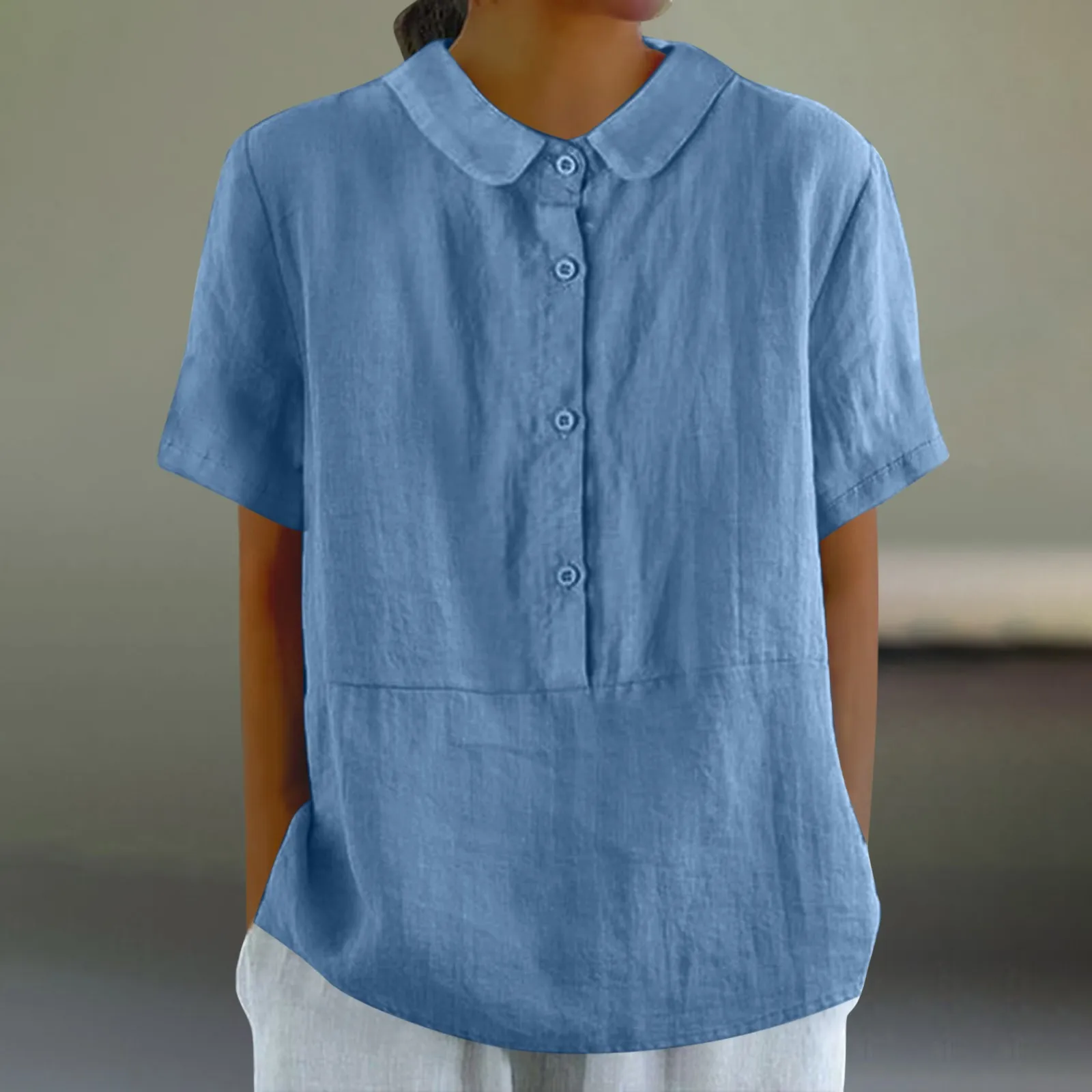 Summer Linen Solid Color Shirts For Women Short Sleeve Button Down Up Casual Collared V Neck Tops Shirts Blouses Trendy Tops