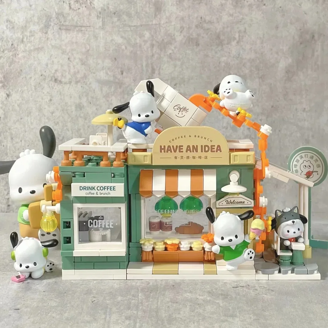 Sanrio Series Building Block Cute Cartoon Pochacco Carousel Music Box Small Particle Assembly Model Fashion Toy Decoration