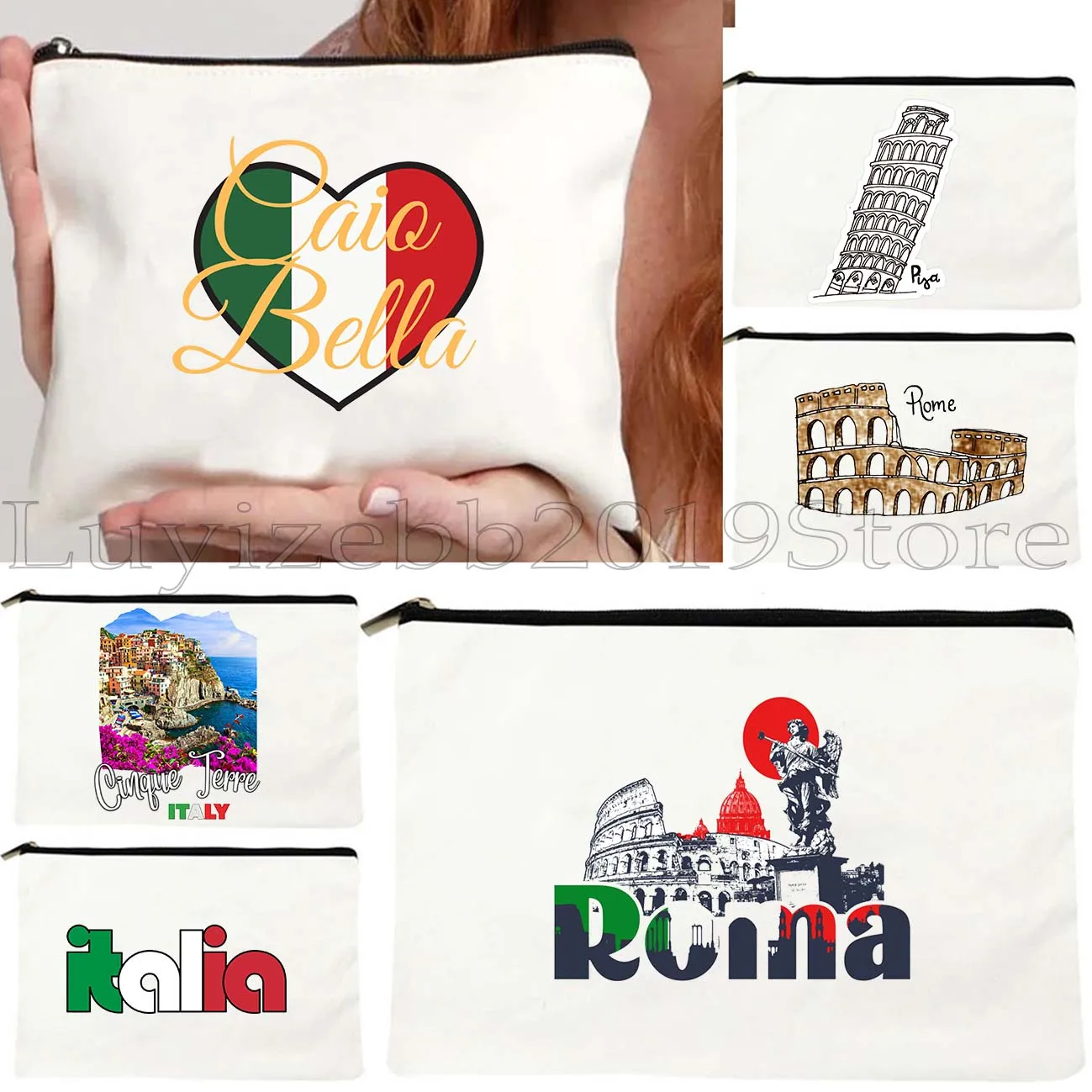 

Cinque Terre Italy Pisa Roma Italia Italian Flag Puglia Verona Turin Canvas Cosmetic Makeup Toilet Bag Pencil Case Zipper Pouch