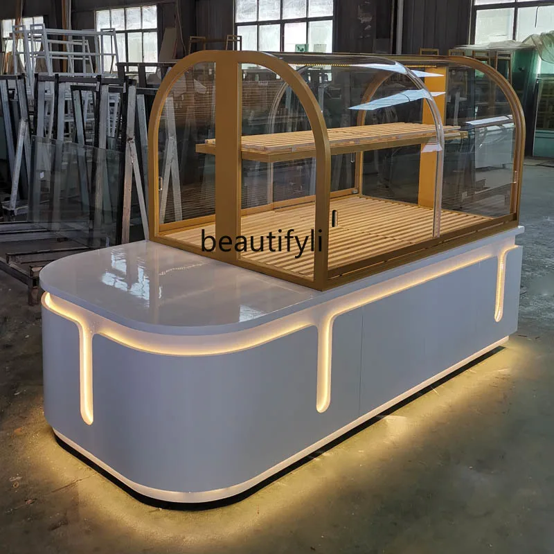 Bread middle island cabinet titanium-plated stainless steel arc middle island cake model cabinet glass