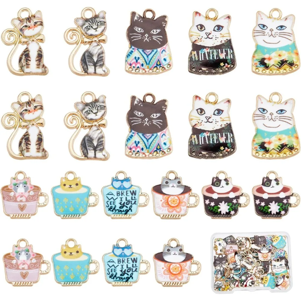 1 Box 40Pcs 10 Styles Cat Enamel Charms Coffee Cup Charm Bulk Alloy Kitten Charm Cute Pets Tea Cups Charm for Jewelry Making