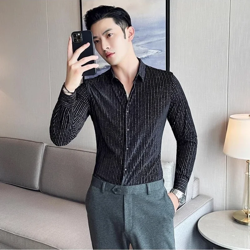 

Luxury Velvet Lined Striped Shirt for Men 2023 Autumn Long Sleeved Slim Casual Shirts Fashion Business Social Formal Dress Shirt