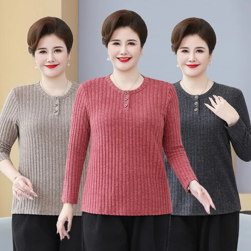 حجم كبير محبوك طويل Sve تي شيرت ربيع الخريف Sle للنساء الأكبر سنا طبقة قاعدة مريحة irt حجم كبير لباس غير رسمي