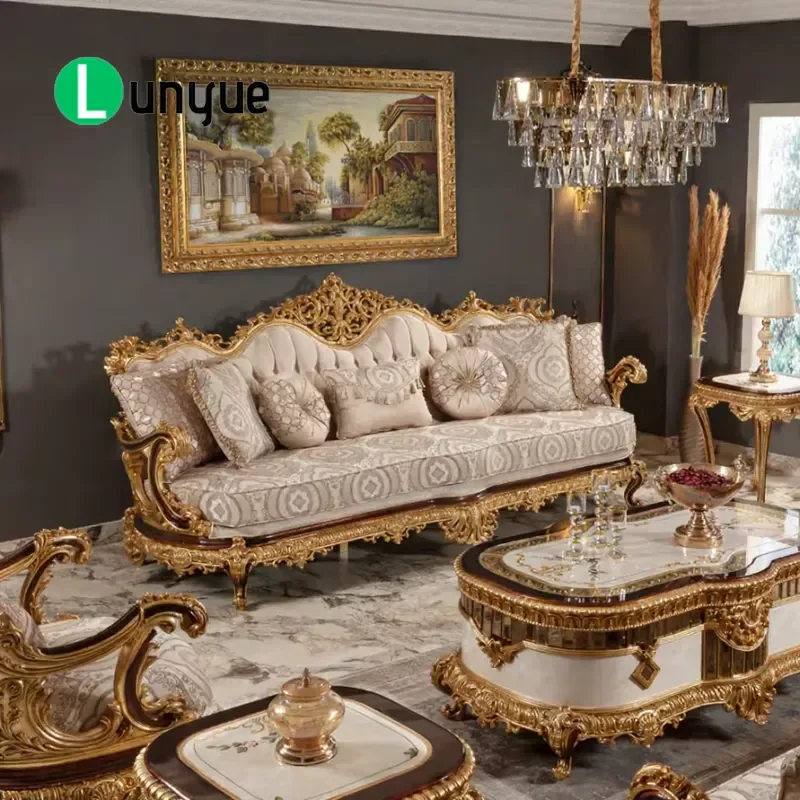 Luxury Classic Carved Solid Wood Sofa with Gold Accents High Quality Living Room Furniture Elegant Turkish Style Couch for