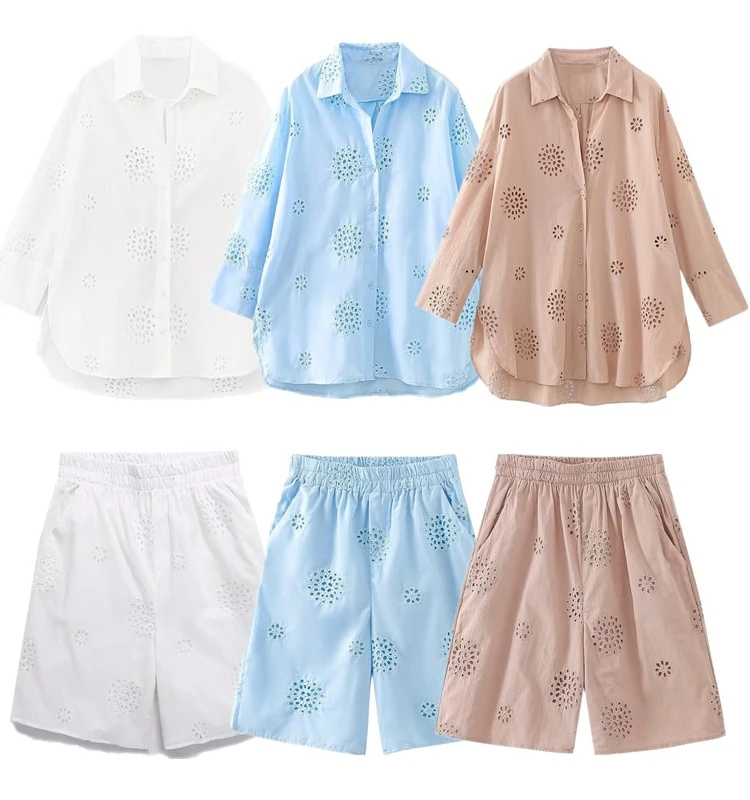 

White Long Sve V-Ne Embroidered Hollow out irt Spring Summer New Sle Women's Faionable Office Commute Pure Color S...