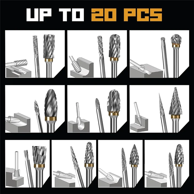 A43F-20 Pz 1/8 Pollici Shankcarbide Burr Set Compatibile Con Dremelbits Strumento Per Pietra Intaglio Del Legno Taglio Incisione Lucidatura
