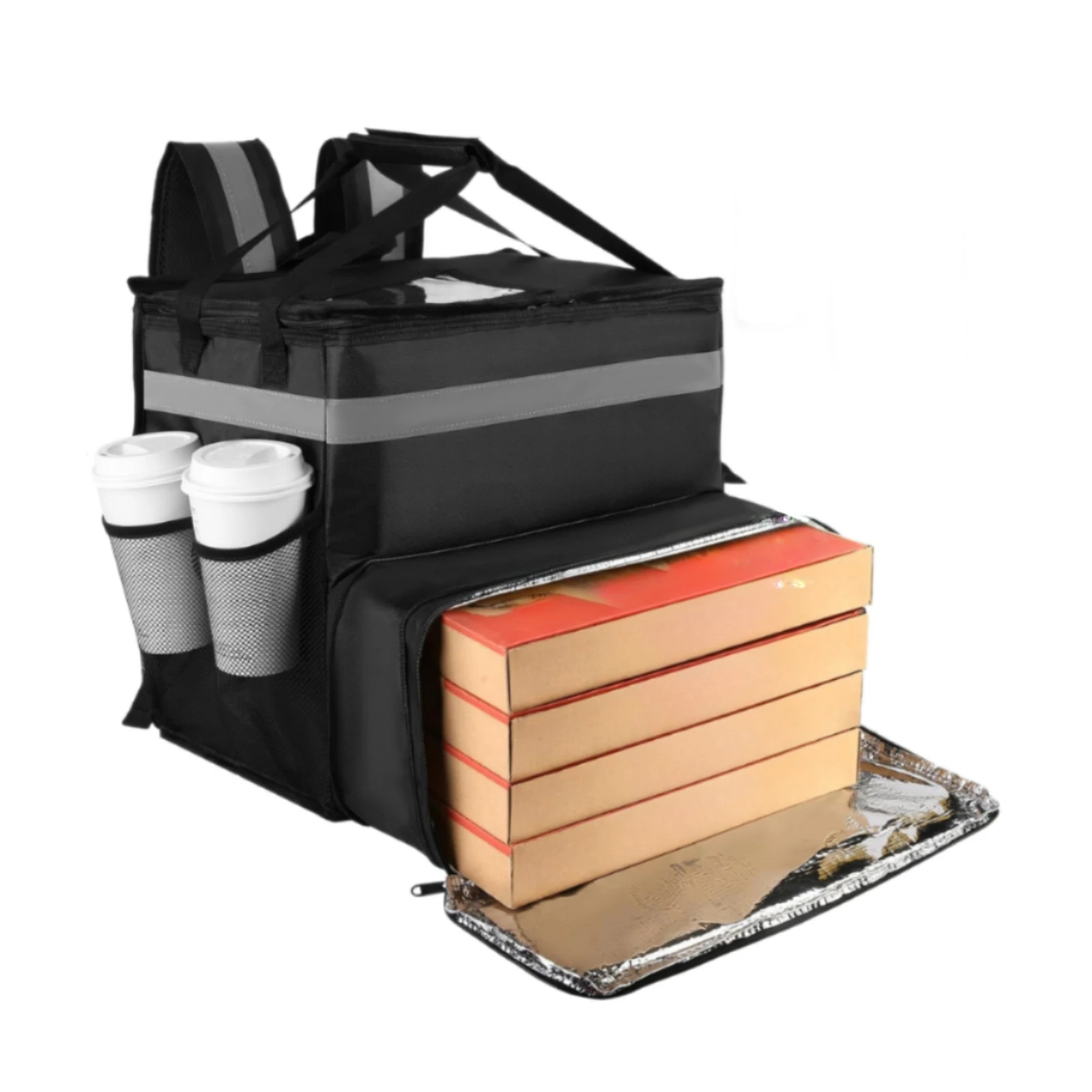 Pizza Takeout Bag Foldable Food Delivery Backpack with Cup Holders for Restaurant Couriers, Cycle Deliveries