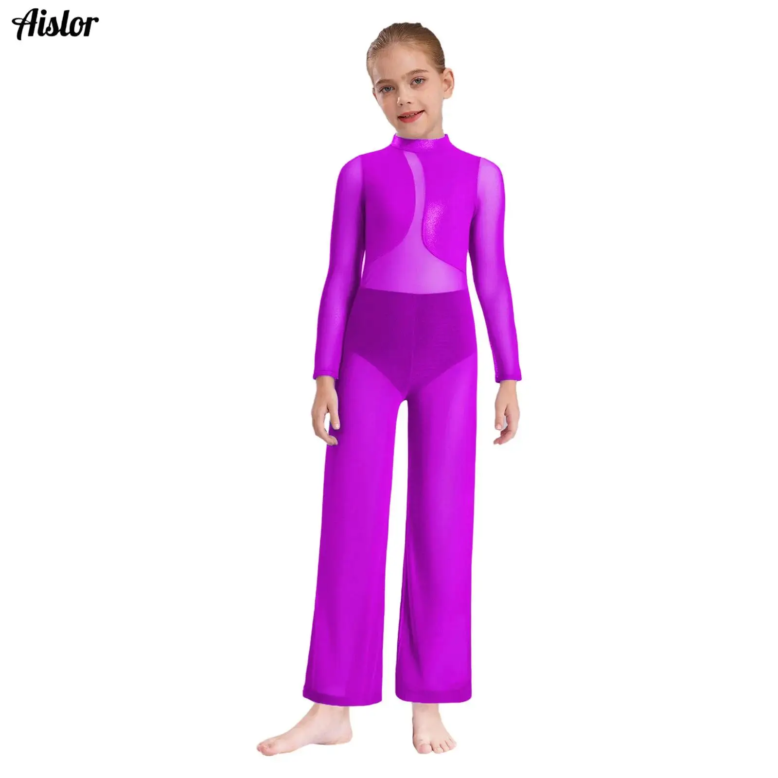 

Girls Gymnastics Jumpsuit Full Body Leotard Sheer Mesh Patchwork Wide-Leg Metallic Long Sleeve Keyhole Back Performance Costume