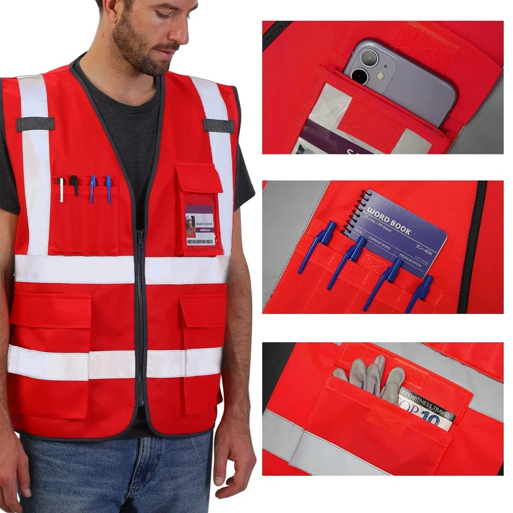 Red Reflective Work Safety Vests Multi-pocket Construction Worker Working Clothes High Visibility Reflective Safety Vest