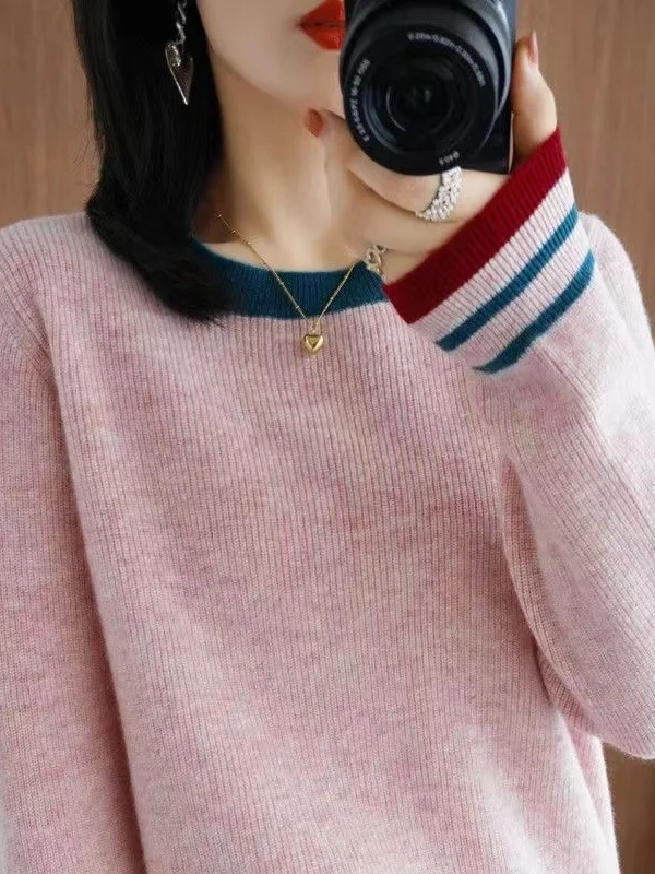 

Корейский круглый вязаный свитер Ne Splice Color Long Sve Wrap, женский модный утягивающий топ, удобный зимний топ