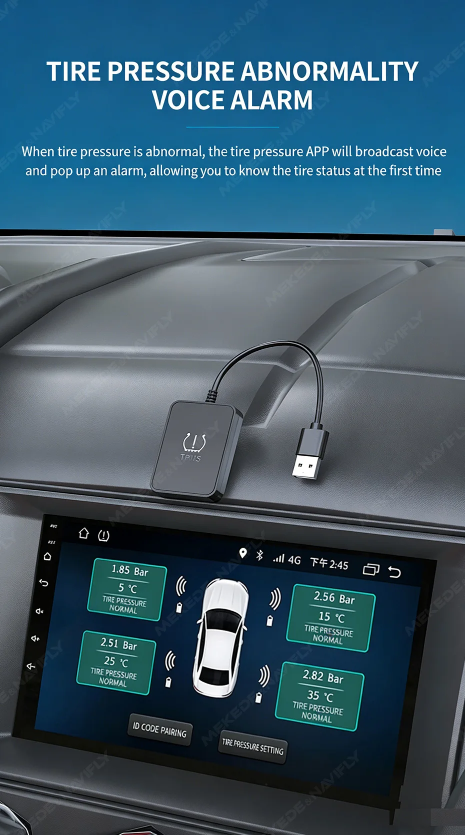 Navifly USB Android TPMS Reifendruckkontrollsystem Display Externe interne Alarmsystemsensoren für Autonavigationsradio – Detail 4