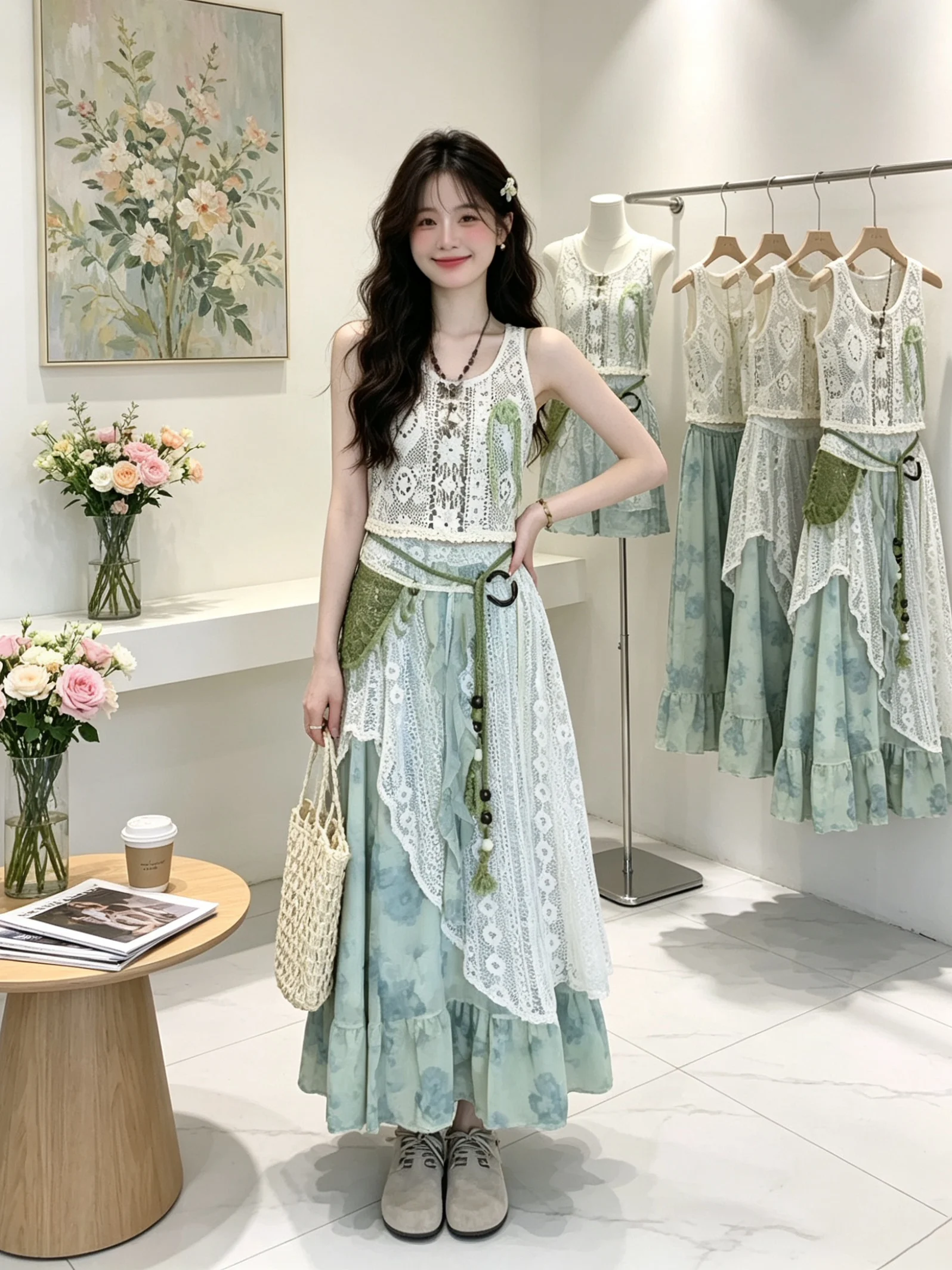 Bohemian Holiday Style Art Student Set Hook Flower Hollow out Cover up Halter Top Half Skirt Women Summer Outfit Three Piece Set