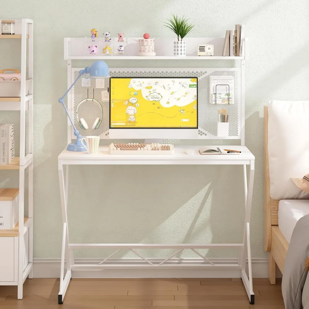 Compact Gaming Desk with Storage Shelves - 39 Inch Modern Desk for Home Office and Study Space