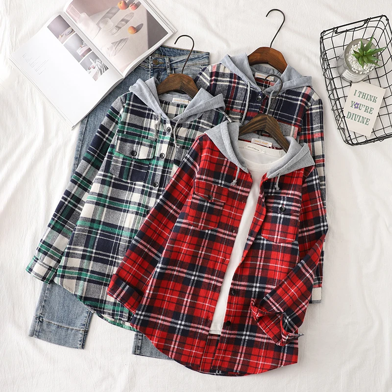 2024 Autumn New Women Long Sleeve Hoodie Style Shirts Casual Women\'s Red Green Plaid Sweatshirt Tops Lady Checkered Clothes