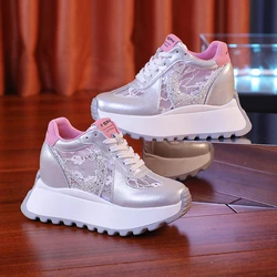 9cm Air Mesh piattaforma sintetica Wedge Bling Leather Comfy High Brand 2024 primavera estate Casual Lace Up Flat Chunky Sneaker Shoes