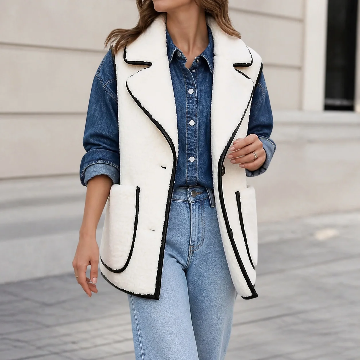 Turn Down Collar Loose Fit Vest Short Length Japanese Korean Casual Women Vest with Pocket Detail Buttonless Front Sleeveless