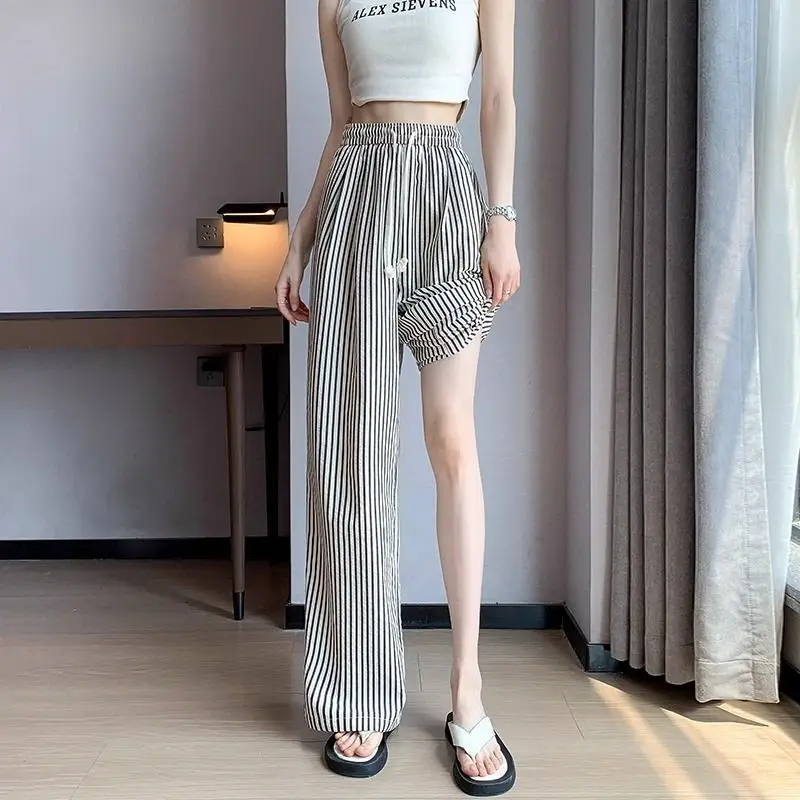 Dames casual zwart gestreept geweven wijde pijpen broek casual stijlvolle volledige lengte broek Y2K kleding streetwear herfst