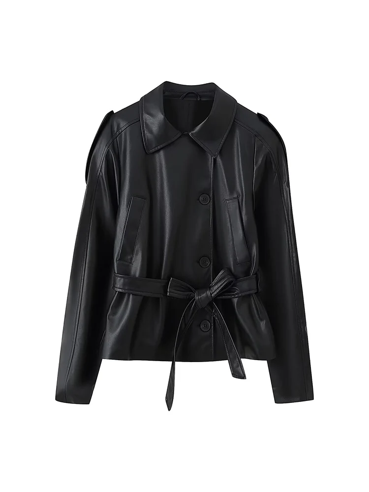

European and American style autumn new women's retro casual simple long-sleeved imitation leather short windbreaker