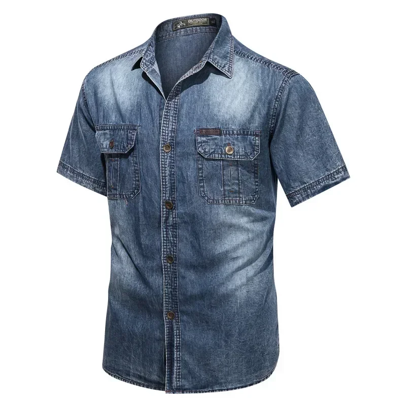 

Denim Distressed Shirts Single Breasted Shirt Turn Down Collar Half Sleeve Button Cardigan Solid Pockets High Street Loose