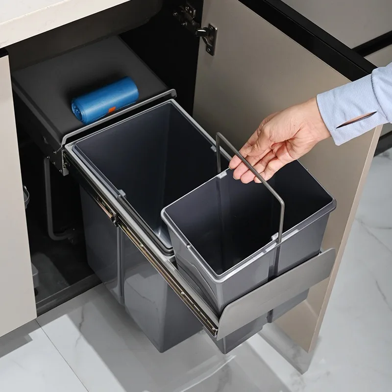 Cabinet embedded trash can, sink cabinet double bucket classification trash can food waste with lid hidden cleaning bucket