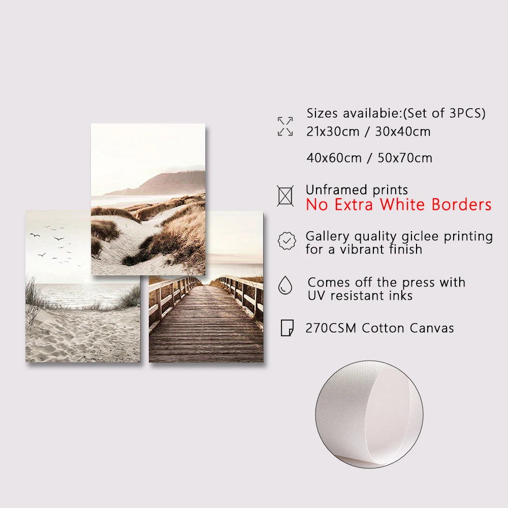 3PCS Frameless Nature Seascape Canvas Painting Grass Bridge Beach Sunset Wall Art Poster Modern Nordic PrintsPicture Home Decor
