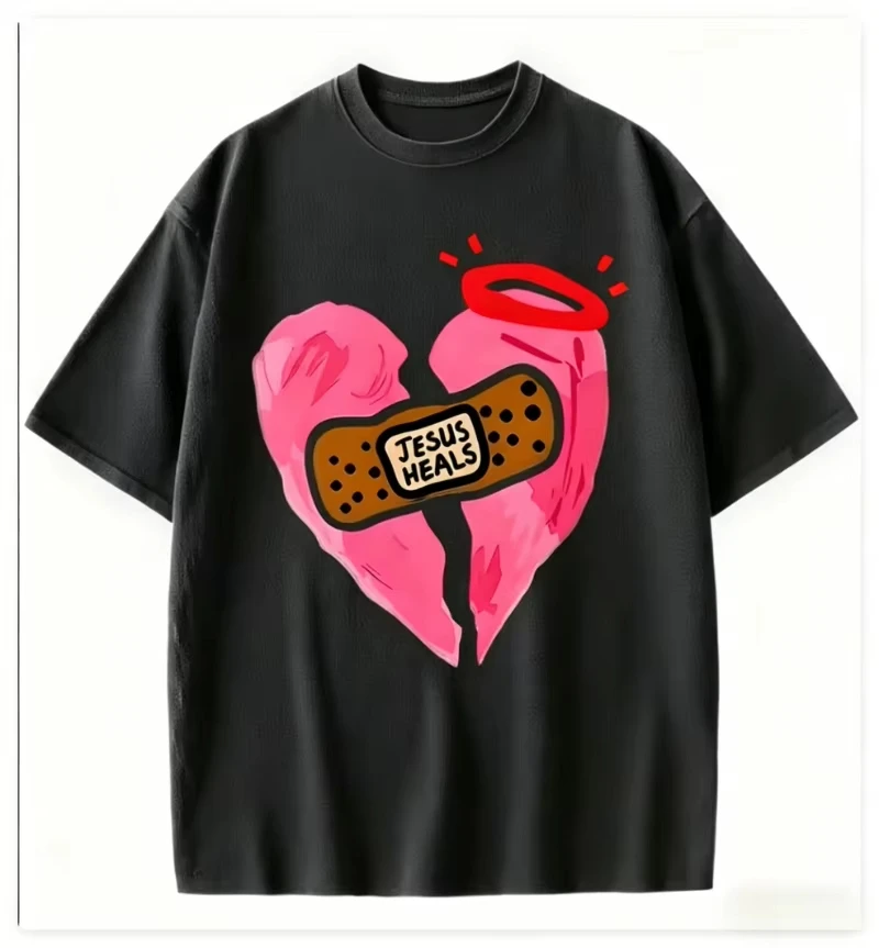 Jesus Heals Broken Heart Print T-shirt Religious Faith Graphic Short Sleeve Tops Men Women Casual Streetwear Daily Wear Tee