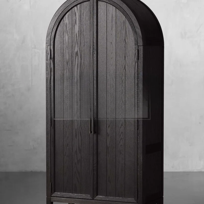 

Black arched wardrobe French solid wood storage cabinet Living room entrance decorative cabinet Double door