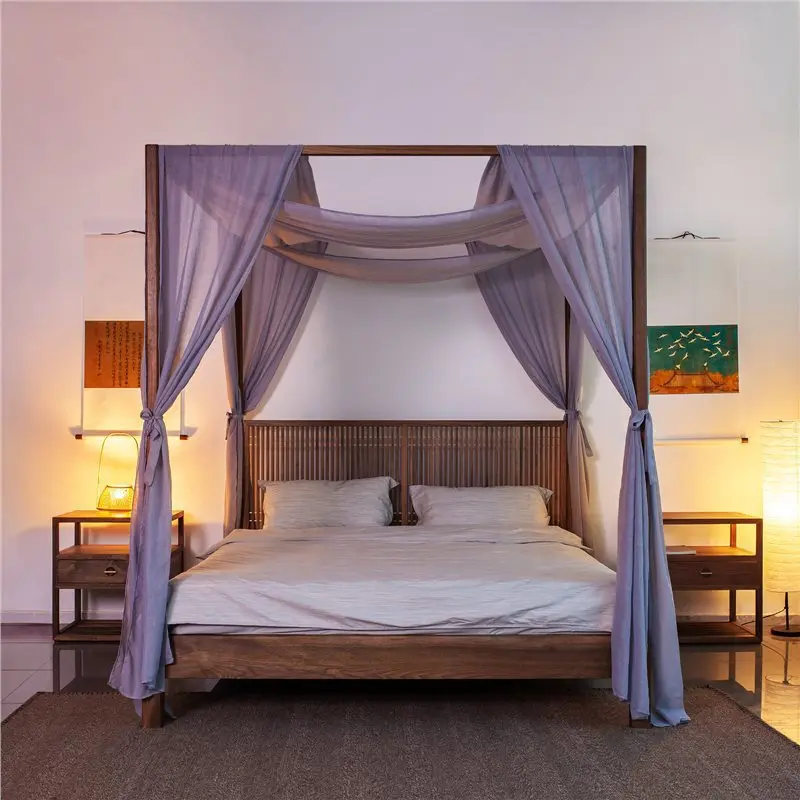 سرير مزدوج جديد من الخشب الصلب بالكامل على الطراز الصيني، وغرفة نوم رئيسية، وسرير رف بسيط وحديث