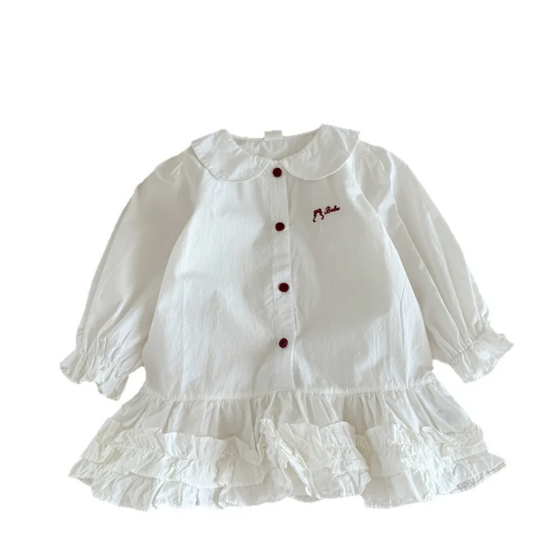 01-Style coréen vêtements pour enfants automne filles dentelle col de poupée à manches longues chemise robe bébé Base robe enfants princesse D