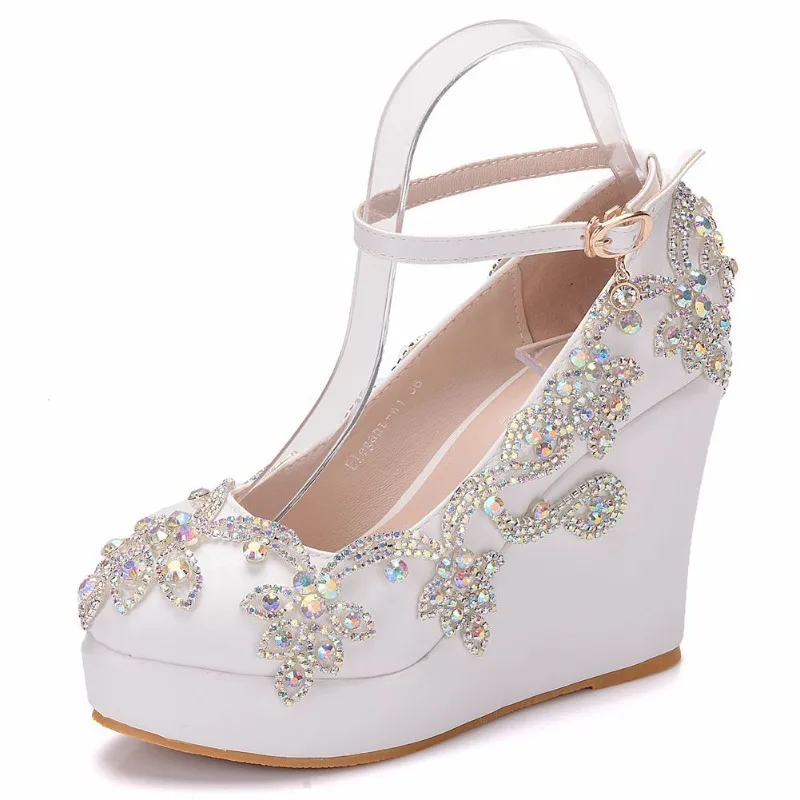 

Women Pumps Sexy Fashion Extremely Rhinestone Pointed Toe Buckle Strap PU 10CM Wedges high heels String Bead Girls Women Shoes