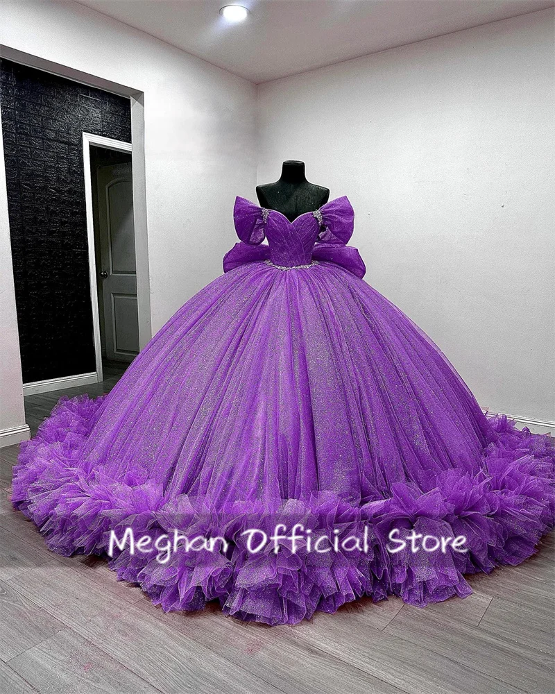 Vestido Quinceanera fora do ombro, Vestido de baile roxo lavanda do México, Talão Ruffles Bow, Vestidos de festa de aniversário