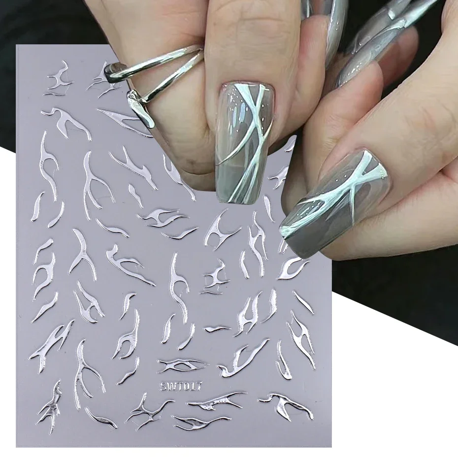 Metallic Silver Line Nail Manicure Stickers Metal Chrome Stripe Vine Flame Adhesive Decals Tape Swirl French Sliders Decor Foils