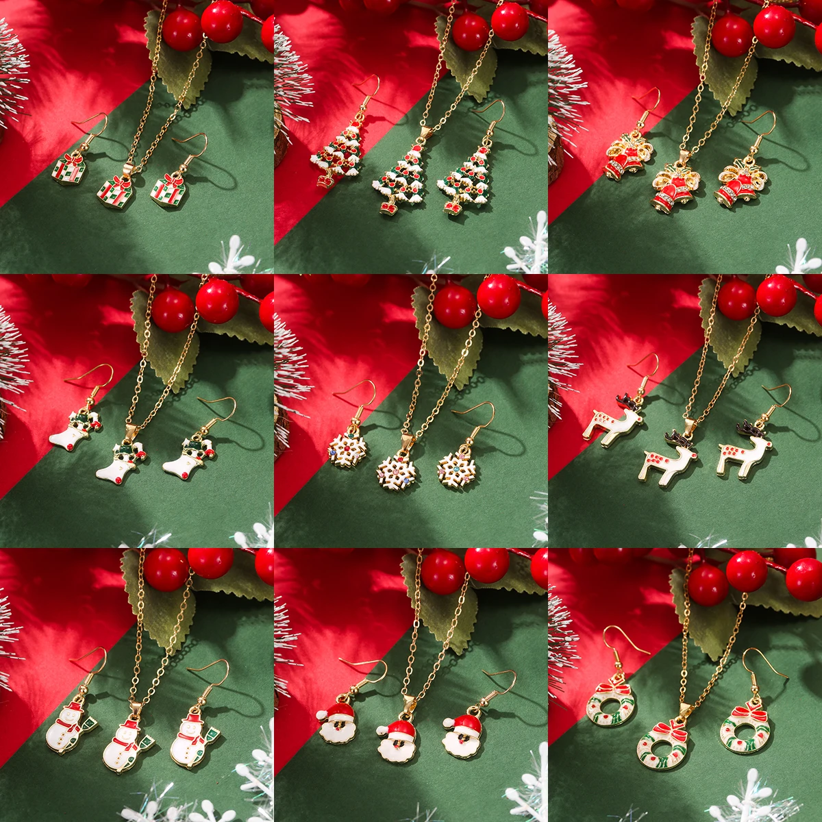 27Pcs/Set Fashion Simple Colored Santa Claus Snowman Pendant Necklace Earring Set For Women Sweet Elegant Christmas Party  Gifts