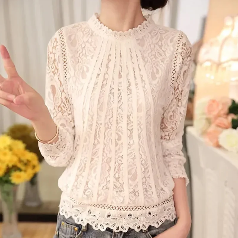 Women Long Sleeve Chiffon Lace Blouse Spring Autumn Elegant New Tops Ladies White Crochet Blusas Shirt Clothing Feminine 51C