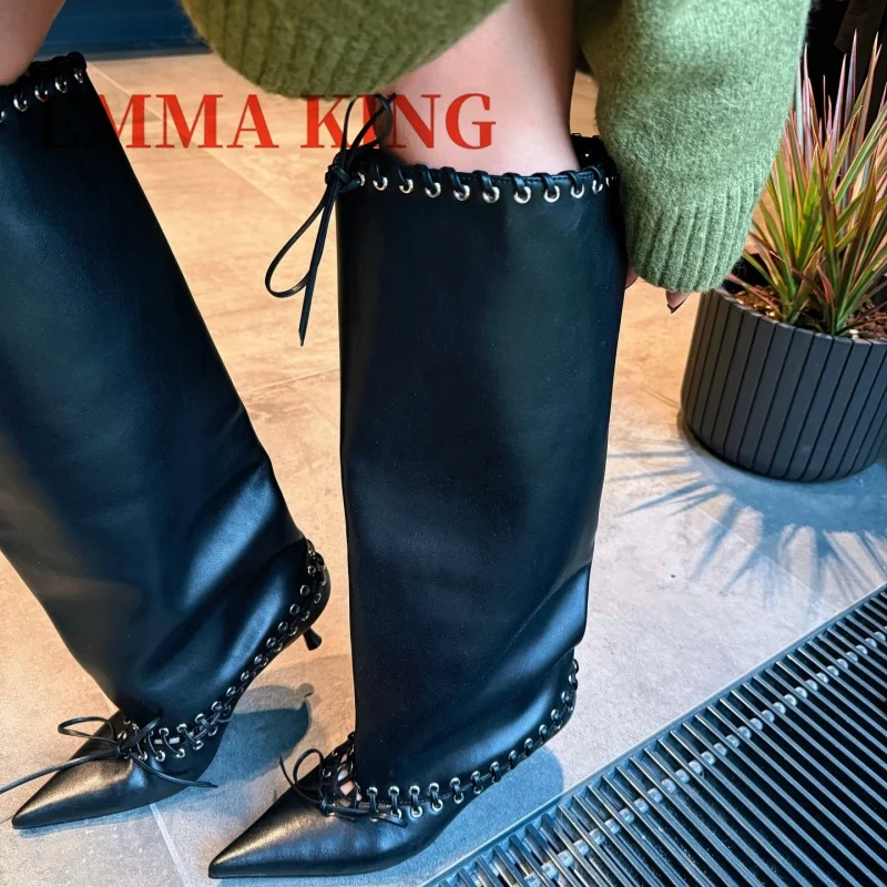 

Laced Embellishment Knee High Boots Women Metal Eyelets Pointed Toe Tall Boots Kitten Heel Bow Tie Long Boot Pull On Dress Shoes