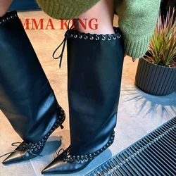 Laced Embellishment Knee High Boots Women Metal Eyelets Pointed Toe Tall Boots Kitten Heel Bow Tie Long Boot Pull On Dress Shoes