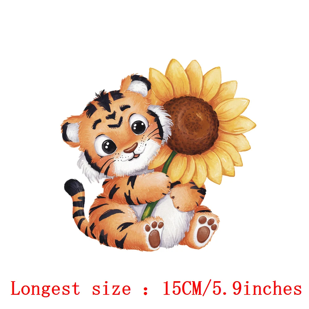 15cm Cartoon Sunflower Animal Rabbit Tiger Iron On Heat Transfer Sticker For Clothes Pinted Vinyl Thermal Washable T-Shirt Decal