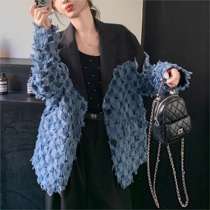 Cowboy patchwork suit jacket for women's spring and autumn new style checkered fringe suit