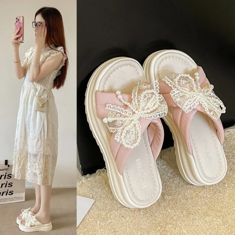 

New Women's Summer Platform Slippers with Rhinestone Bow Holiday Beach Slippers with Soft Non-Slip Soles Pink Pillow Slides 41