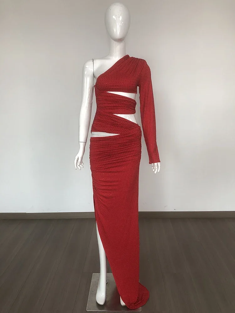 Abiti lunghi sexy con diamanti monospalla a maniche lunghe da donna Elegante abito da sera maxi da sera con spacco increspato rosso ritagliato