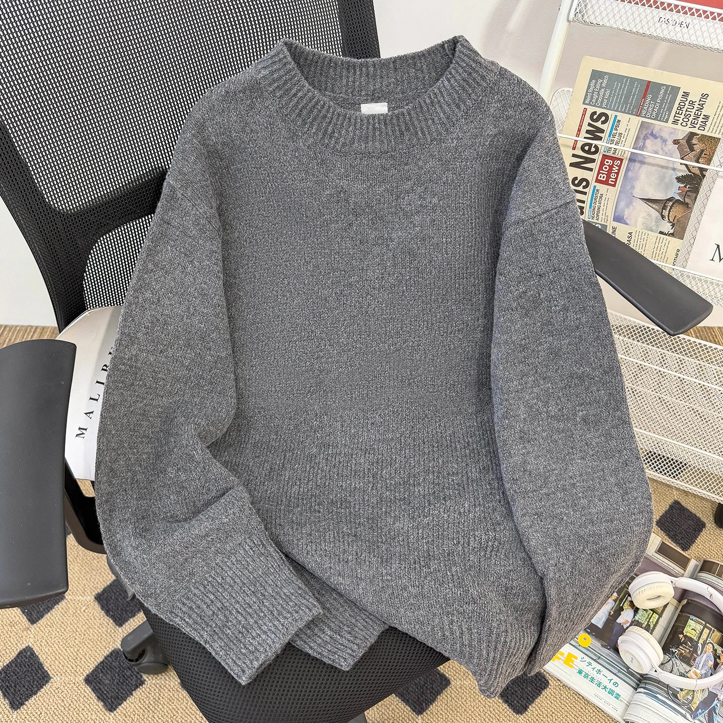 

ey Versatile Knitted Sweater Men's Autumn Winter Thi Warm Japanese Lazy Sle round Ne Overhead Base Layer Knitwear