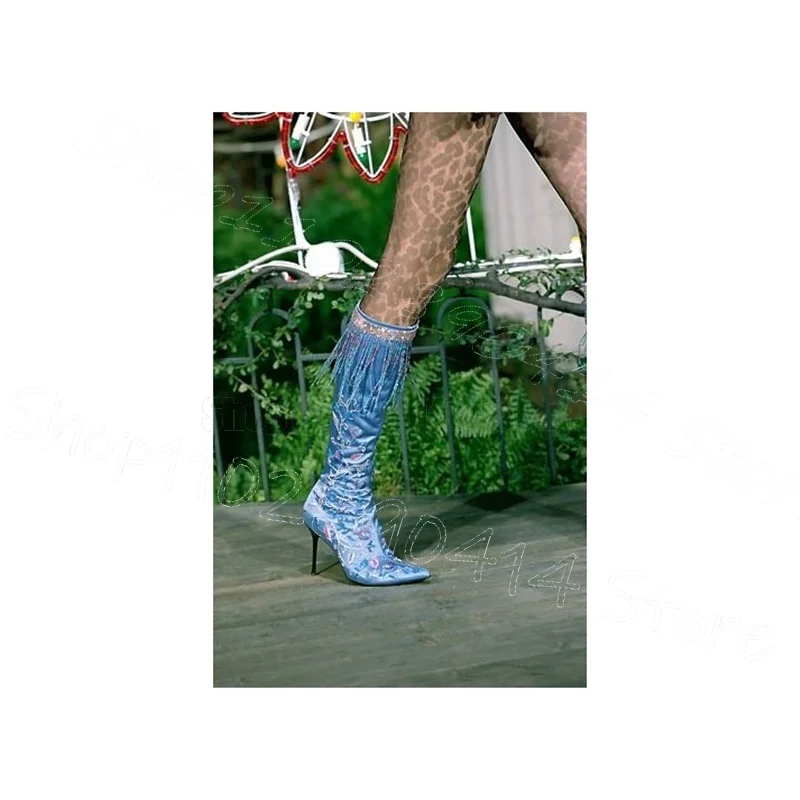 

Sky Blue Floral Embroidery Crystal Tassels Boots Side Zipper Women Shoes Thin High Heels Party Dating 2025 Zapatos Para Mujere