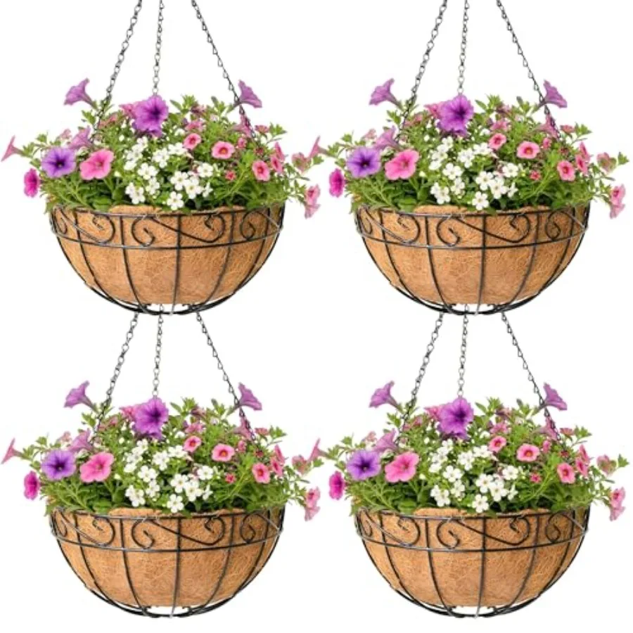 

4 Pack Hanging Planter for Outdoor Plants 14 inch Metal Hanging Flower Basket with Coco Coir Liner Round Wire Plant Holder Chai