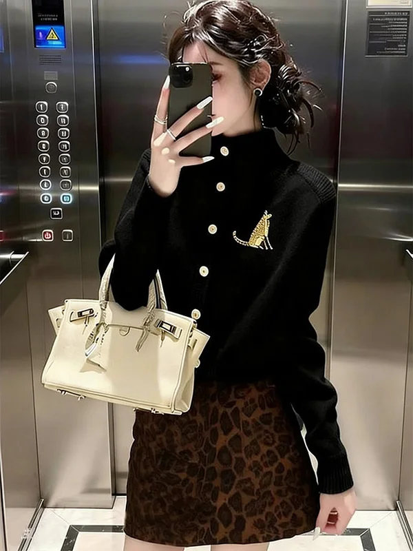 

American Style Knitted Set Black Retro Spring Design Sense Top Leopard Skirt Two Piece Set Women's Fashion Casual Wear