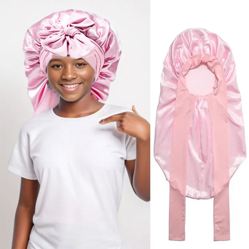 Kids Sleeping Cap Long Silk Bonnet Sleep with Tie Band Silk Hair Bonnets for Curly Natural Hair Silk Bonnets for Girls Boys