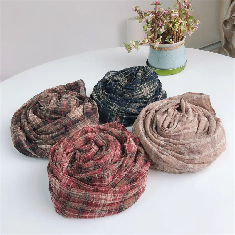 Autumn And Winter New Vintage Plaid Fashion Wild Warm Shawl Outdoor Sunscreen Silk Cotton Scarf For Women