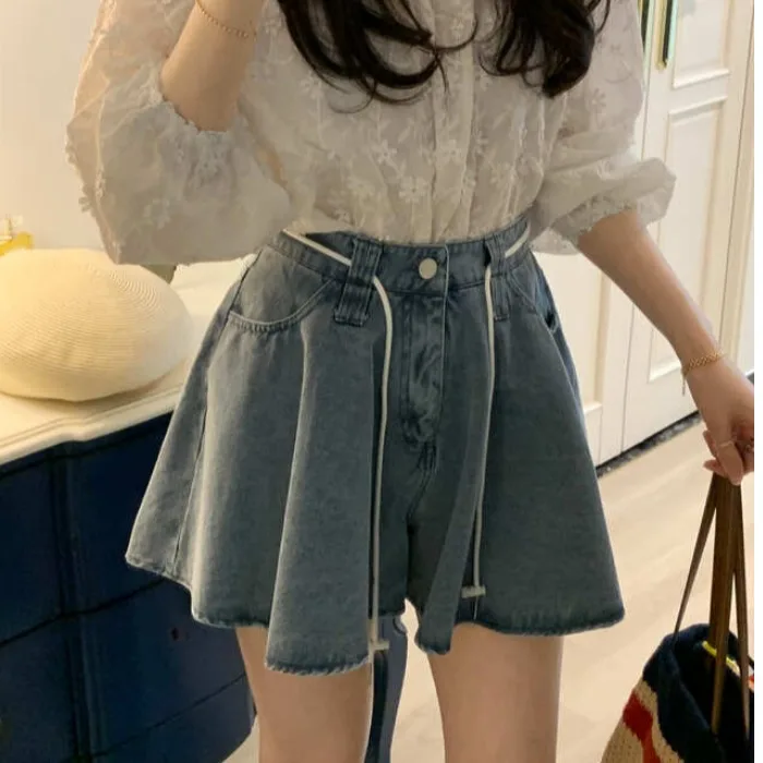 

Широкие джинсы с высокой талией для женщин, летние новые универсальные большие юбки с завязками на веревке, широкие леггинсы, длинные ноги, повседневные, хит продаж...