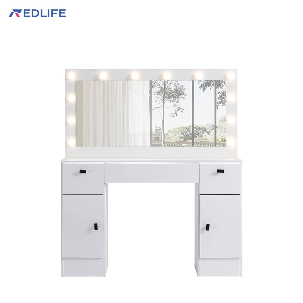 Redlife Vanity Table with Lighted Mirror Vanity Desk Storage Cabinet 3 color Lighting Modes Adjustable Brightness White Color