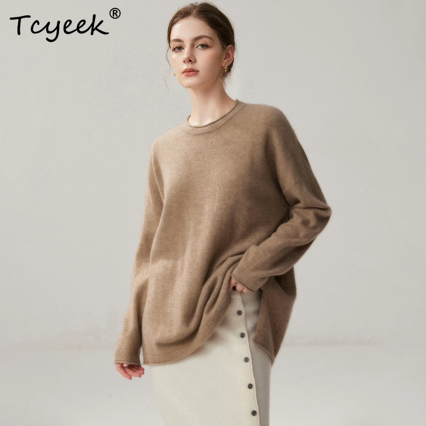 Casual Autumn Winter Sweater Women's 100% Cashmere Pullover O-Neck Rolled Edge Slit Mid Length Pullover Sweater Knitwear Clothes