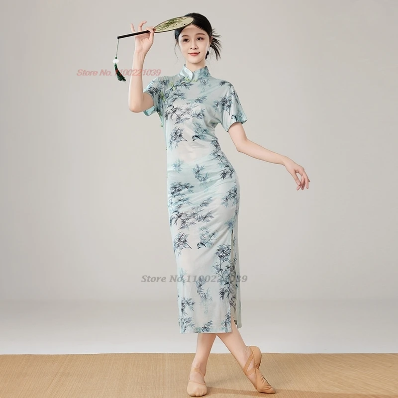 2025 abito popolare di danza vintage cinese tradizionale stampa di bambù elastico qipao cheongsam allenamento esercizio prestazioni abito popolare